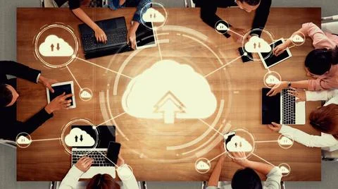 Cloud computing technology and online data storage for shrewd business network Stock Photos