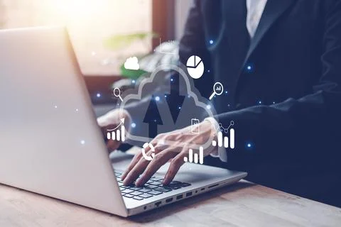 Cloud computing technology. Businessman hands typing notebook (Laptop) with.. Stock-Fotos