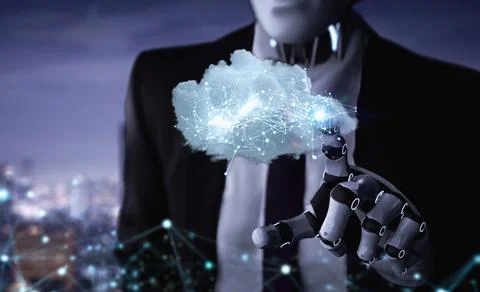 Cloud computing technology concept with 3d rendering robot with graphic displ Stock Illustration