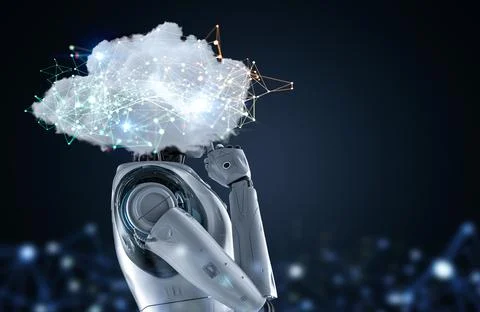 Cloud computing technology concept with 3d rendering robot with graphic displ Stock Illustration