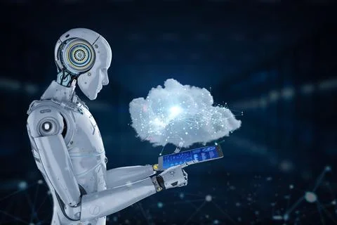 Cloud computing technology concept with 3d rendering robot with graphic displ Stock Photos