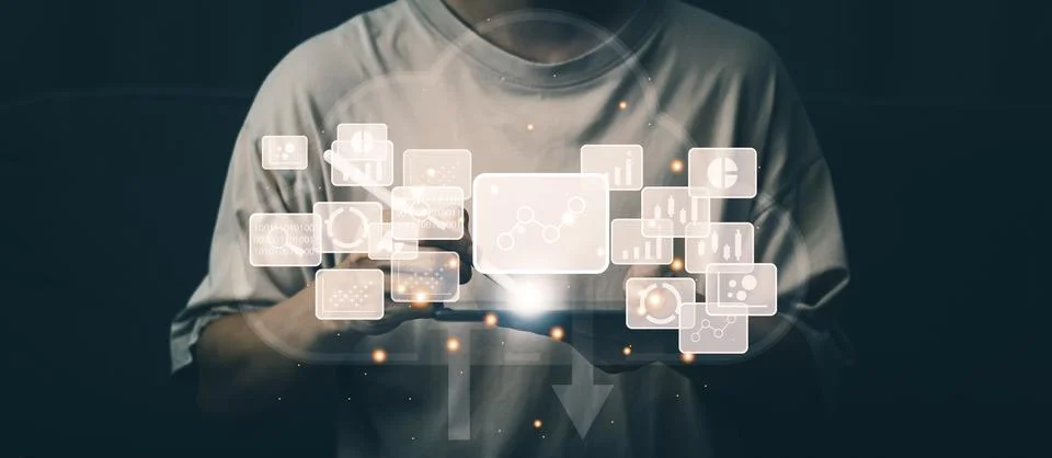 Cloud computing technology concept. Businessman search for information with h Stock Photos