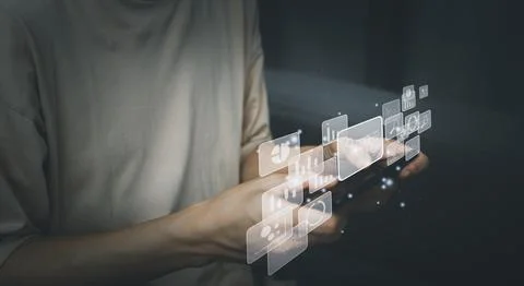 Cloud computing technology concept. Businessman search for information with h Stock-Fotos