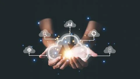 Cloud computing technology concept with businessman. Big data analytics and b Stock Photos