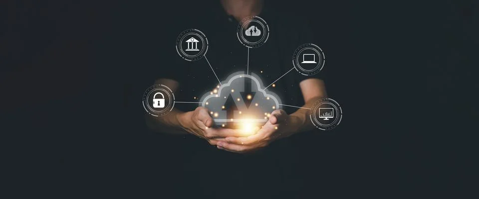 Cloud computing technology concept with businessman. Big data analytics and.. Stock Photos