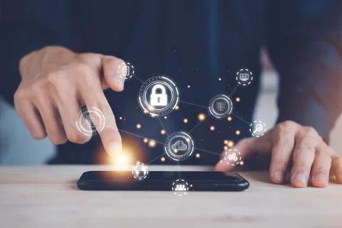 Cloud computing technology concept with businessman and smartphone. Big dat.. Foto stock