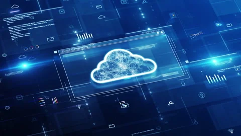 Cloud computing technology concept. Glowing icons representing database storage  Stock Footage 310224423