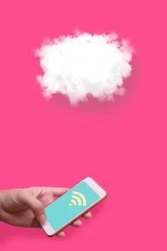 Cloud computing technology concept, Man holding smart phone and using wifi .. Stock Photos