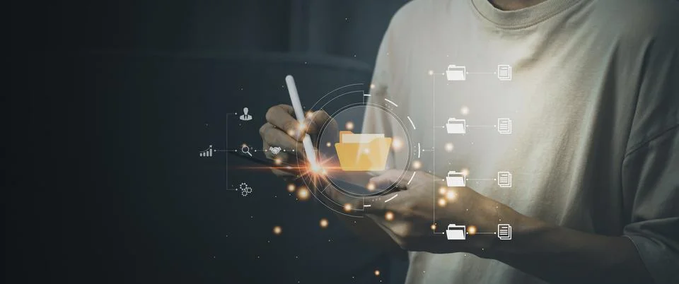 Cloud computing technology concept. Man hold tablet and smart pen using bigda Stock Photos