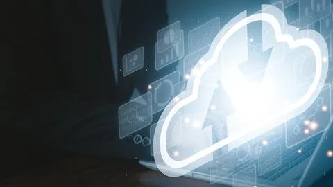 Cloud computing technology concept. Man is using notebook (Laptop). Internet Stock Photos