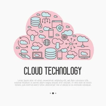 Cloud computing technology concept with thin line icons related to hosting Stock Illustration