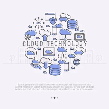 Cloud computing technology concept with thin line icons related to hosting Stock Illustration