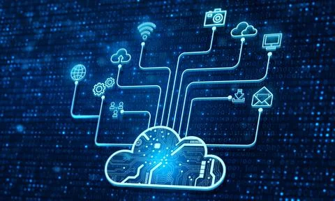 Cloud computing technology. Data information on cloud to backup storage int.. Stock Illustration