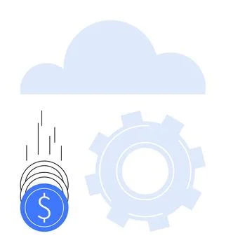 Cloud computing technology depicted by a cloud, gear symbol, and coins with.. Stock Illustration