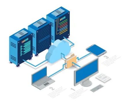 Cloud computing technology flowchart, isometric vector illustration. Stock Illustration
