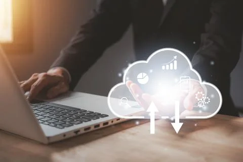 Cloud computing technology on hand of businessmen and using notebook (Lapto.. Stock Photos