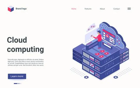 Cloud computing technology isometric landing page, touchscreen report digital Stock Illustration
