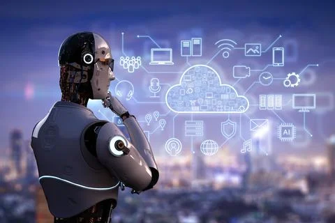 Cloud computing technology with robot work with cloud icon graphic Stock Illustration