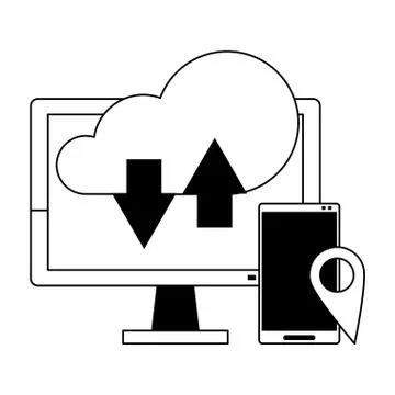 Cloud computing technology symbols isolated in black and white Stock Illustration