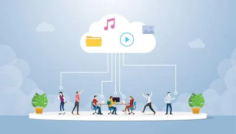 Cloud computing technology with various people save data in cloud server with Stock Illustration