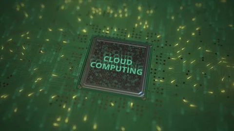 CLOUD COMPUTING text on a computer chip, 3d animation Stock Footage 151377784