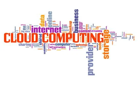 Cloud computing text sign - shared system resources concept. Word cloud. Illustrazione stock