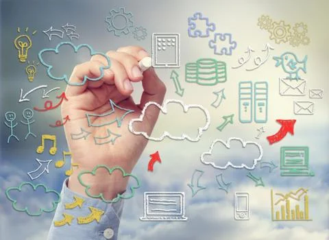 Cloud computing theme with icons hand drawn with chalk 写真素材