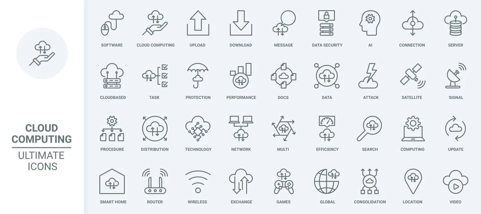Cloud computing thin line icons set, server connection for download and upload Stock Illustration