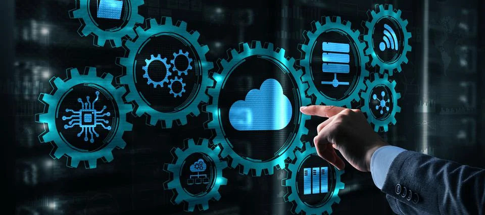 Cloud computing touchscreen interface. Futuristic display 2021 Foto stock