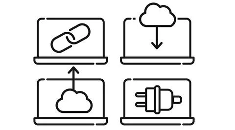 Cloud computing transfer and web connectivity laptop set Stock Illustration