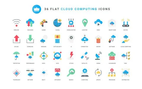 Cloud computing trendy flat icons set, server connection for download and upload 스톡 일러스트