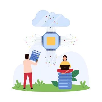 Cloud computing using AI, tech system innovation, tiny people work with Stock Illustration