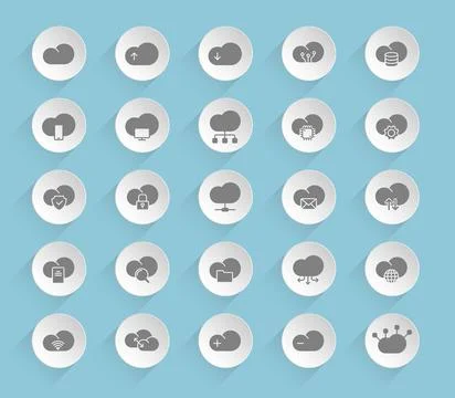 Cloud computing vector icons on round puffy paper circles イラスト素材