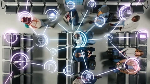 Cloud computing VFX compositing, crowded airport and timelapse of passengers Stock Footage 334935434