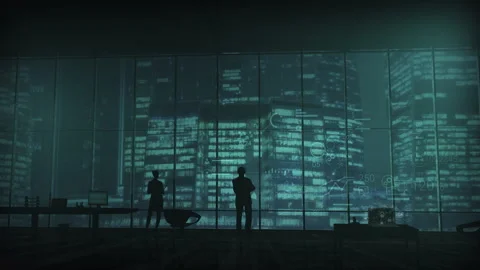 Cloud computing visuals displayed on a laptop in a multi-story office space Stock Footage 314809995
