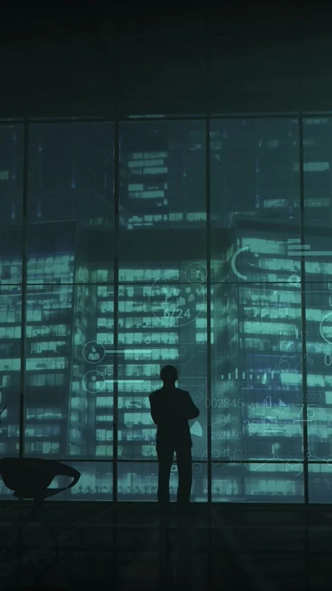 Cloud computing visuals displayed on a laptop in a multi-story office space Stock Footage 345666951