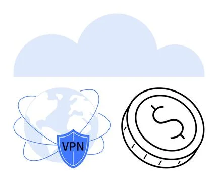 Cloud computing with VPN shield, global connectivity, and digital currency .. Stock Illustration
