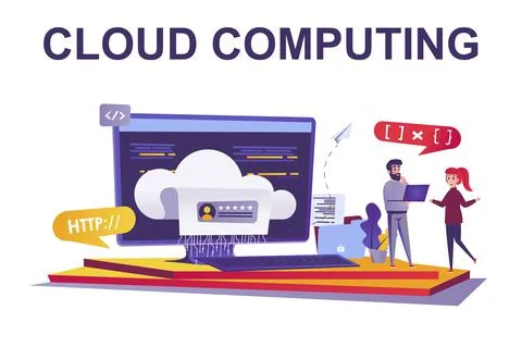 Cloud computing web concept in flat style. People working at datum center, da Stock Illustration