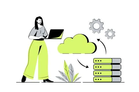 Cloud computing web concept with flat cartoon people for website design. Woma イラスト素材