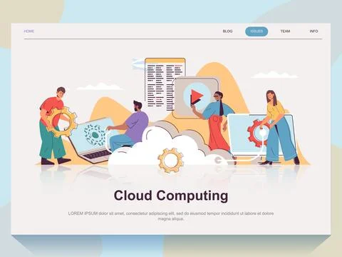 Cloud computing web concept for landing page in flat design. Man and woman .. Stock Illustration