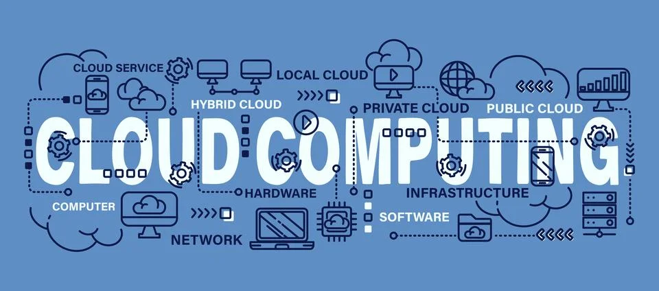 Cloud computing . Word with line icon art banner style . Editable stroke . .. Stock Illustration