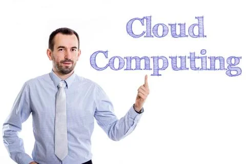 Cloud Computing - Young businessman with small beard pointing up in blue shir 스톡 사진