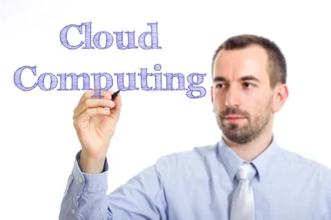 Cloud Computing - Young businessman writing blue text on transparent surface 스톡 사진