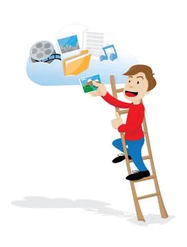 Cloud concept - funny man uploading files Stock Illustration