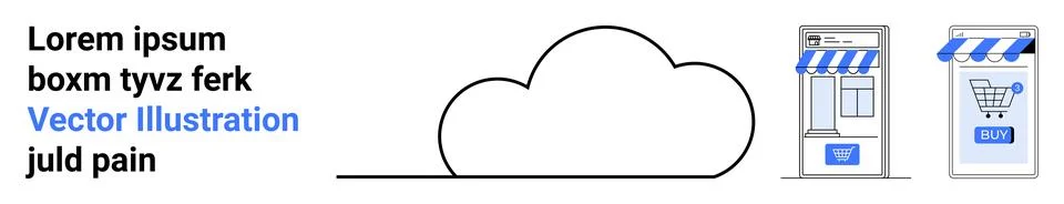 Cloud Concept with Online Stores and Cart Icon by Blue and White Storefronts 스톡 일러스트