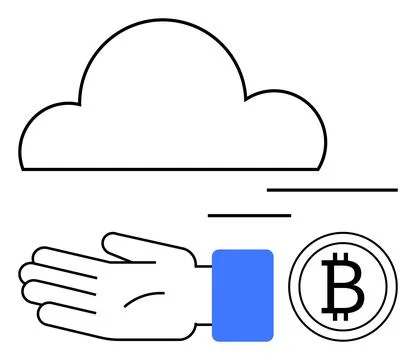 Cloud Concept with Outstretched Hand and Bitcoin Symbol in Minimalist Design Illustrazione stock
