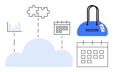 Cloud connected to bar chart, puzzle pieces, calendars, and shopping bag. Ide Stock Illustration