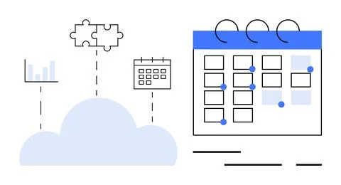 Cloud connected to bar graph, puzzle pieces, and calendar with dots represent Stock Illustration