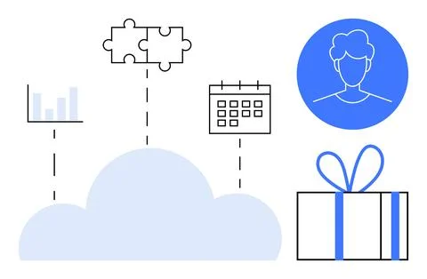 Cloud with connected elements such as graph, jigsaw puzzle pieces, calendar,  Stock Illustration