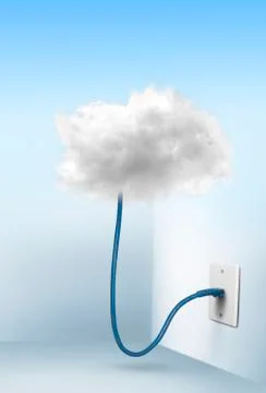 Cloud connected to ethernet cable plugged into wall Stock Photos